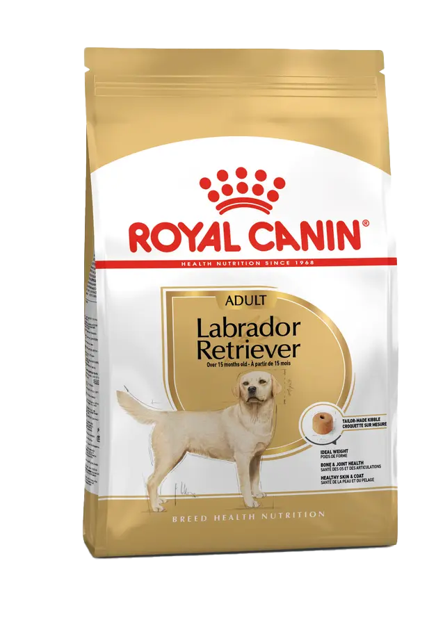 Royal Canin Labrador Retriever dog food package on a white background