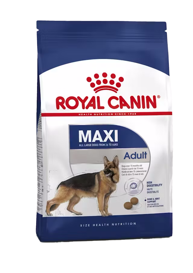 Royal Canin Maxi Adult dog food packaging on a white background