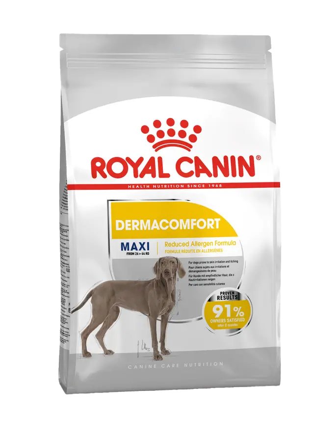 Royal Canin Dermacomfort dog food package on a white background