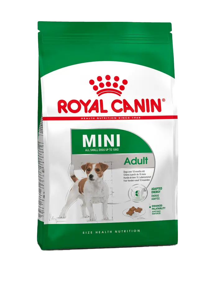 Royal Canin Mini Adult dog food packaging on a white background
