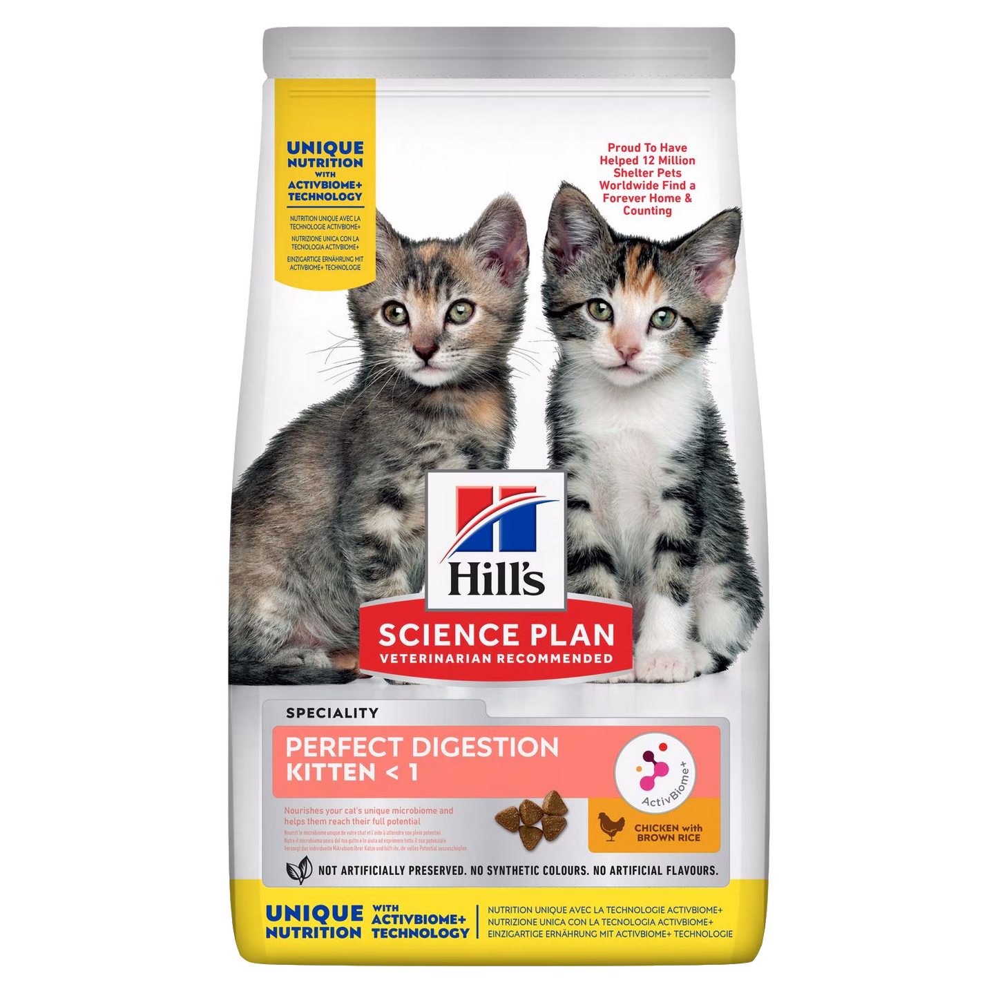 Bag of Hill's Science Plan kitten food with two kittens on a white background