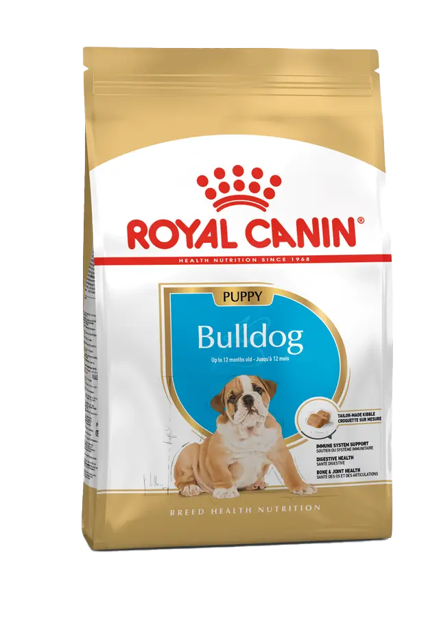 Royal Canin Bulldog Puppy dog food packaging on a white background