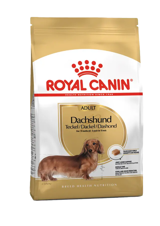 Royal Canin Dachshund dog food packaging on a white background