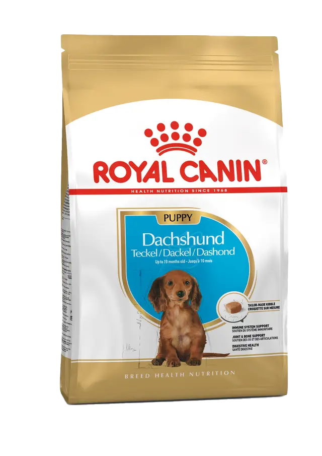 Royal Canin Dachshund Puppy food packaging on a white background