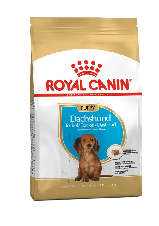 Royal Canin Dachshund Puppy food packaging on a white background