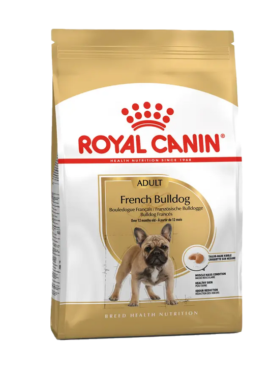 Royal Canin French Bulldog adult dog food packaging on a white background