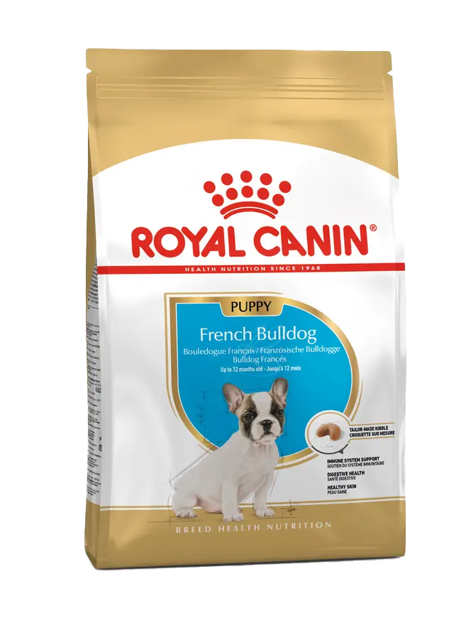 Royal Canin French Bulldog Puppy food packaging on a white background
