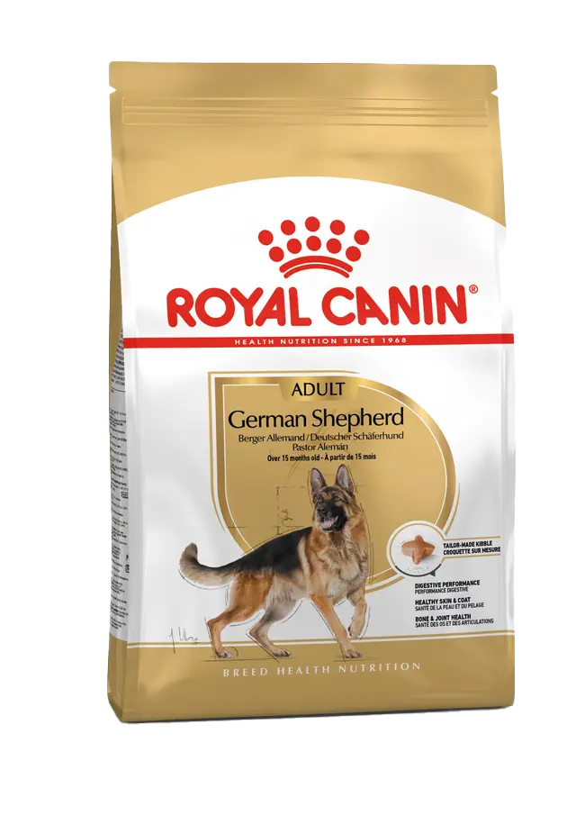 Royal Canin German Shepherd dog food package on a white background