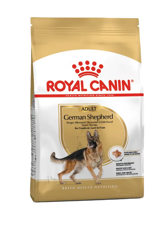 Royal Canin German Shepherd dog food package on a white background