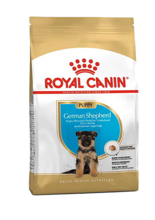 Royal Canin German Shepherd Puppy food packaging on a white background