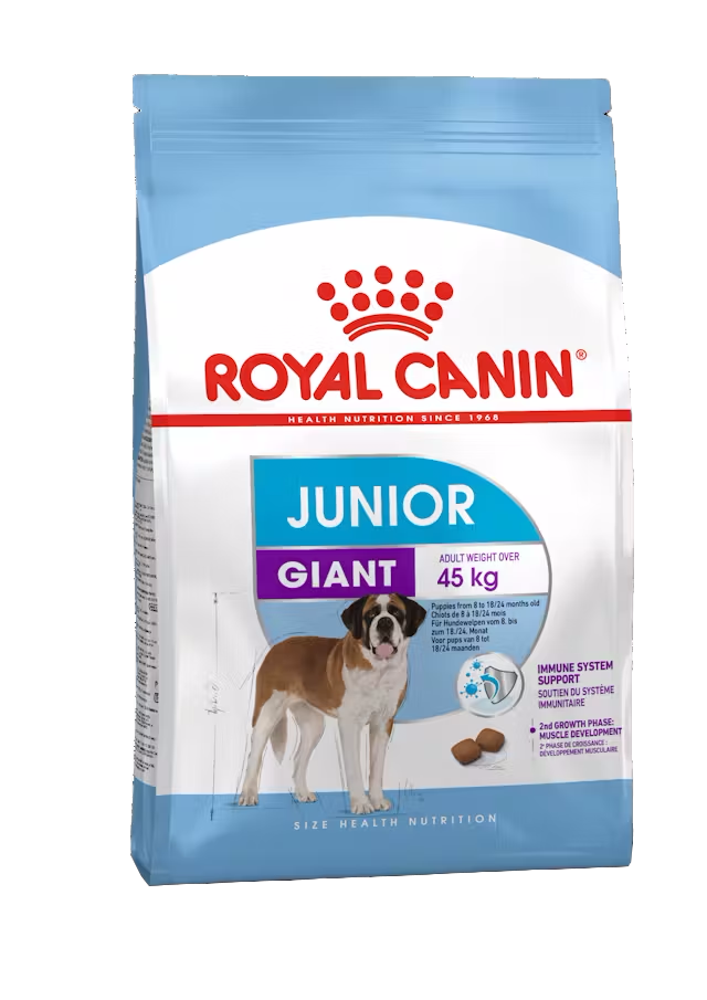 Royal Canin Junior Giant dog food package on a white background