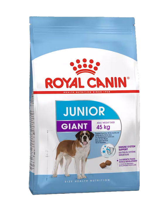 Royal Canin Junior Giant dog food package on a white background