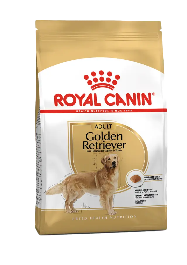 Royal Canin Golden Retriever dog food package on a white background