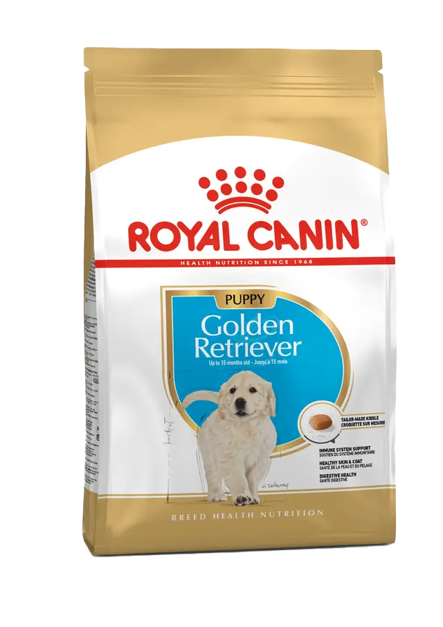 Royal Canin Golden Retriever puppy food packaging on a white background