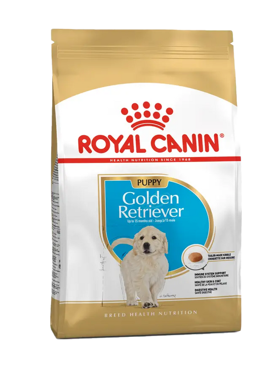 Royal Canin Golden Retriever puppy food packaging on a white background