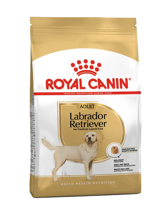 Royal Canin Labrador Retriever dog food package on a white background