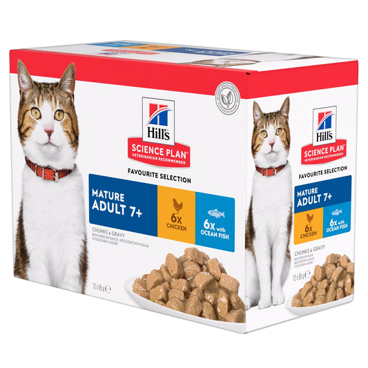 Box of Hills Science Plan cat food for mature adult cats with images of cats and food on a white background.