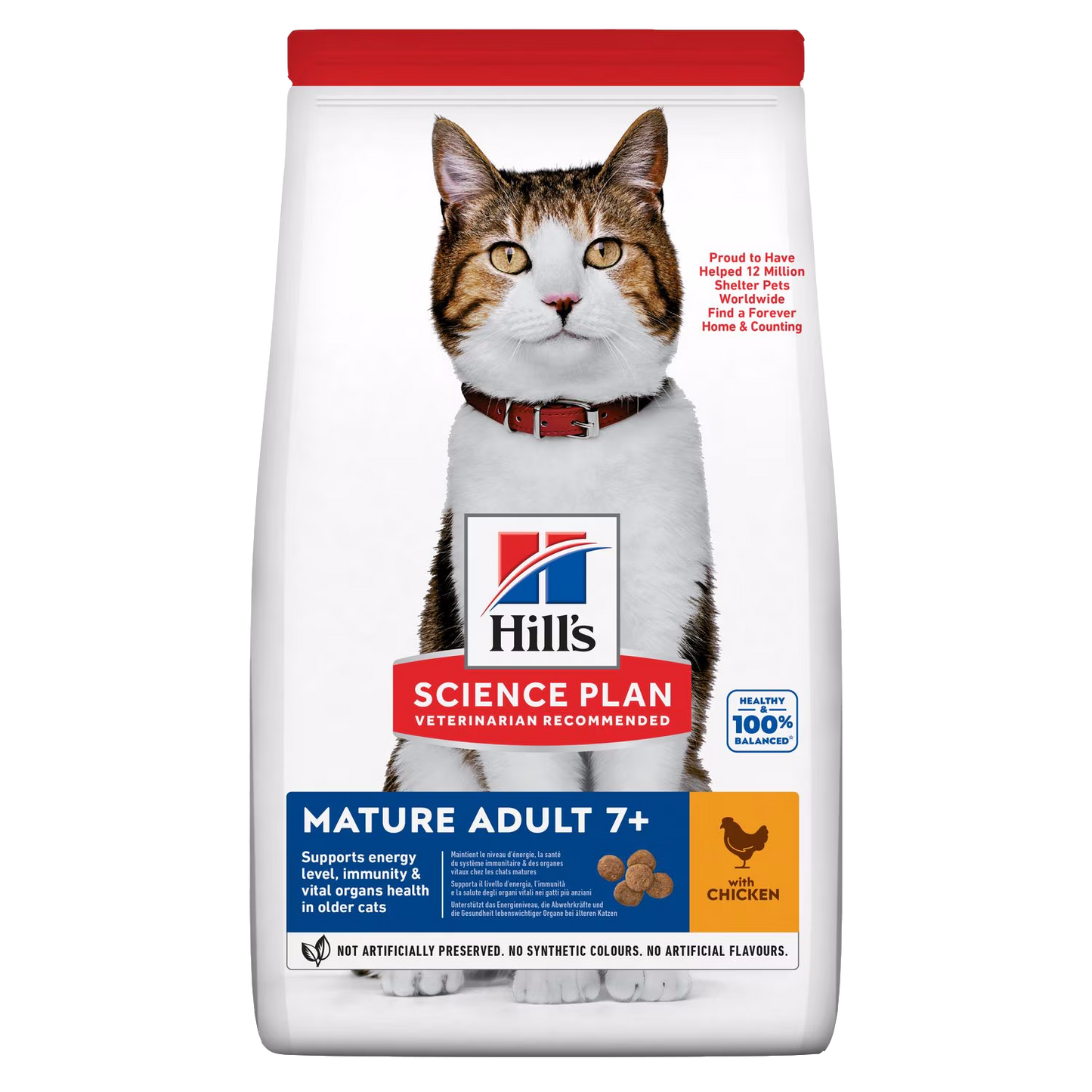 Bag of Hill's Science Plan cat food for mature adults with a cat on the label.