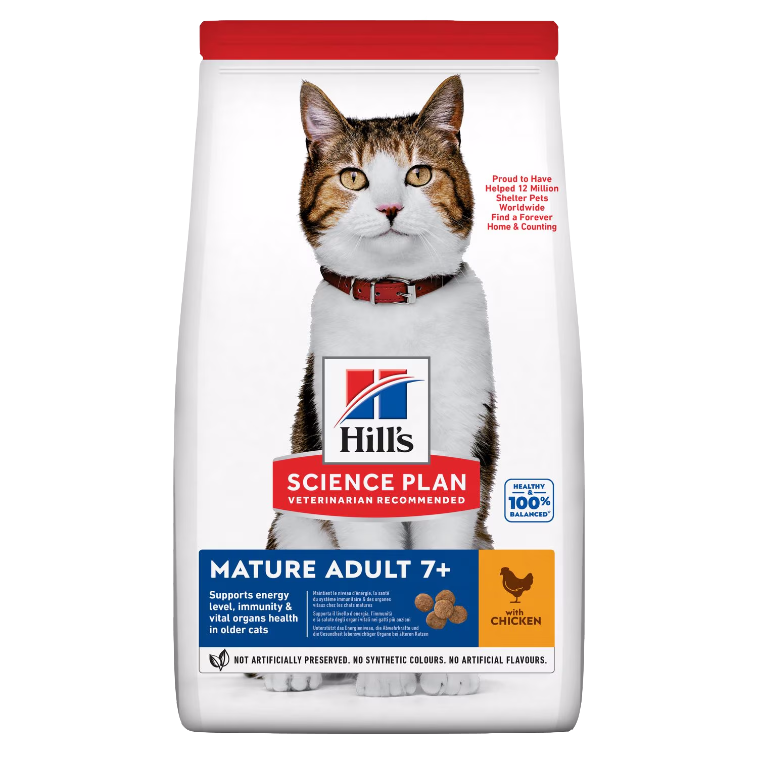 Bag of Hill's Science Plan cat food for mature adults with a cat on the label.