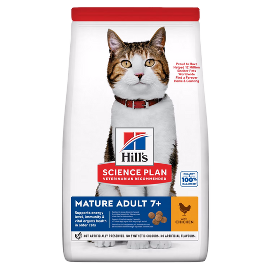 Bag of Hill's Science Plan cat food for mature adults with a cat on the label.