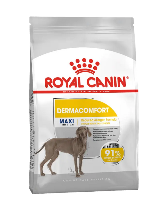 Royal Canin Dermacomfort dog food package on a white background