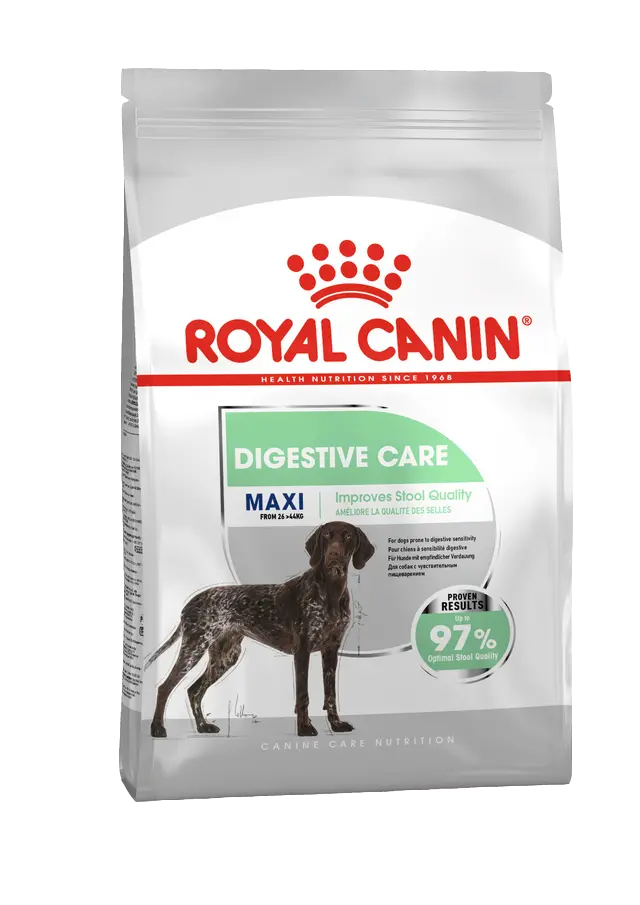 Royal Canin Digestive Care Maxi dog food packaging on a white background