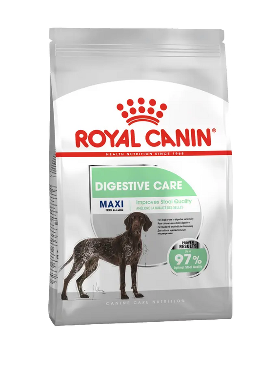 Royal Canin Digestive Care Maxi dog food packaging on a white background