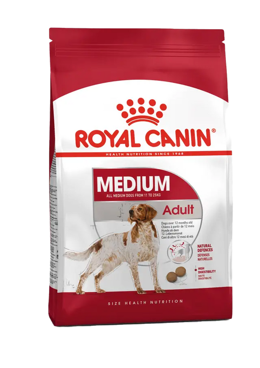Royal Canin Medium Adult dog food packaging on a white background