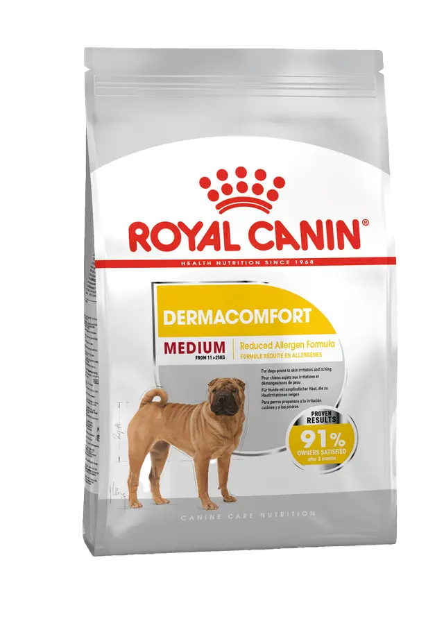 Royal Canin Dermacomfort dog food package on a white background