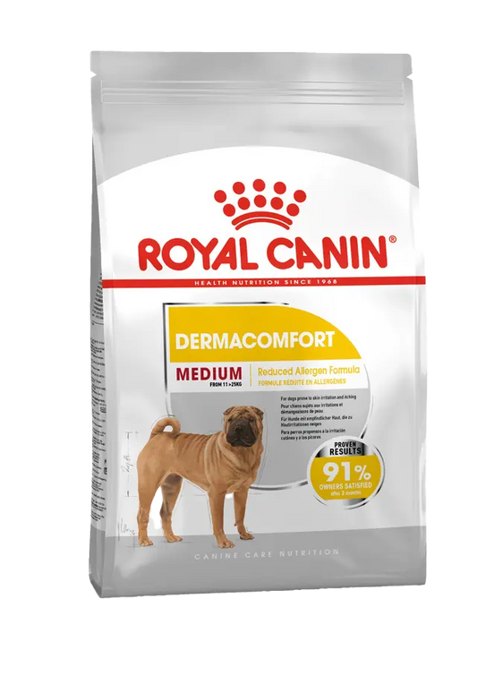 Royal Canin Dermacomfort dog food package on a white background