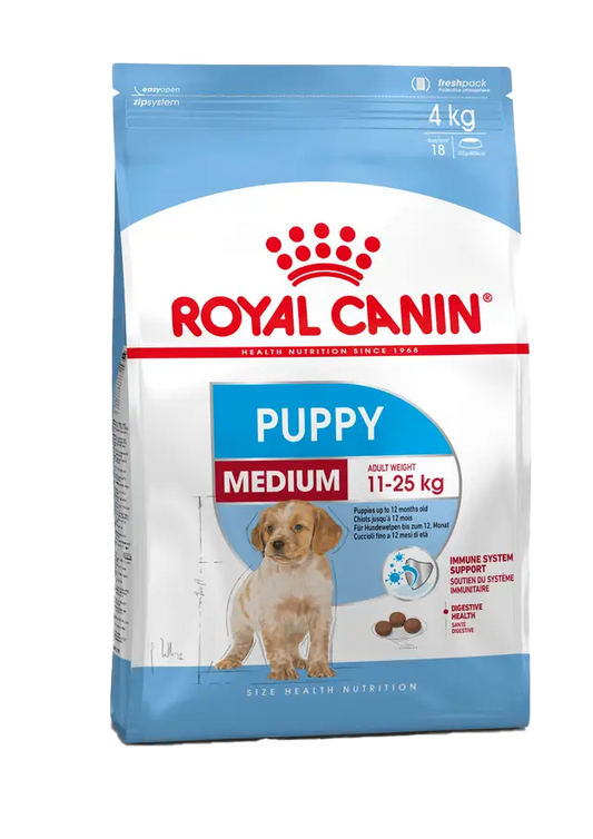 Royal Canin Puppy Medium dog food package on a white background