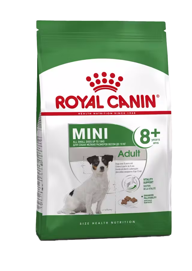 Royal Canin Mini Adult 8+ dog food packaging on a white background