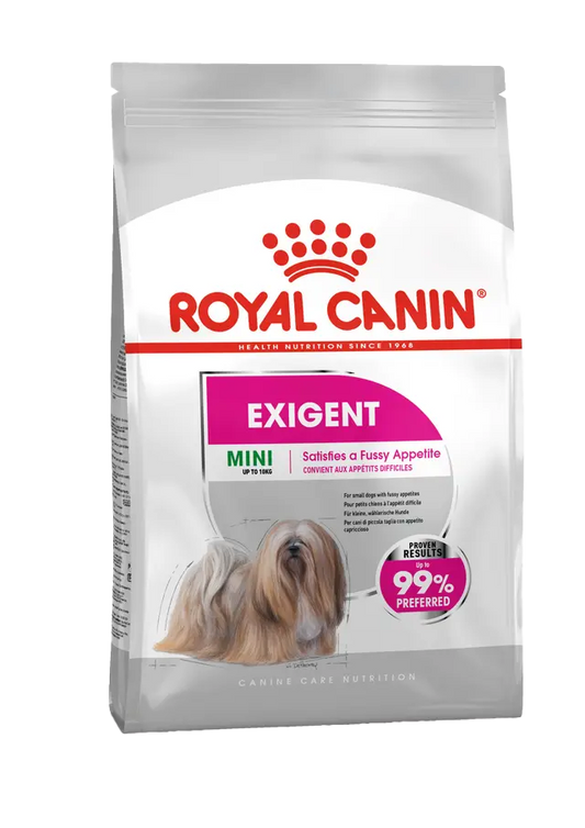 Royal Canin Exigent Mini dog food package on a white background