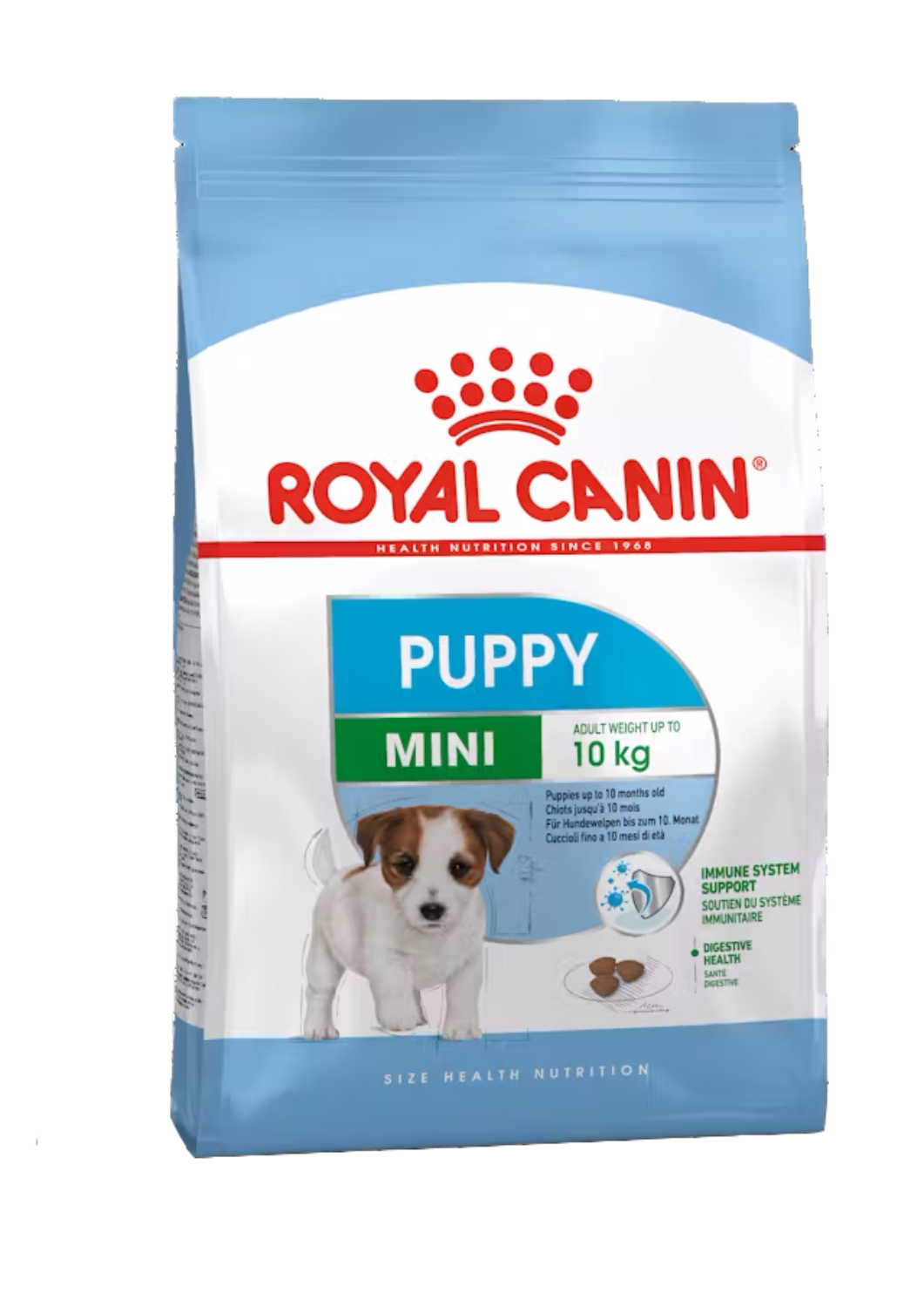 Royal Canin Mini Puppy dog food package on a white background