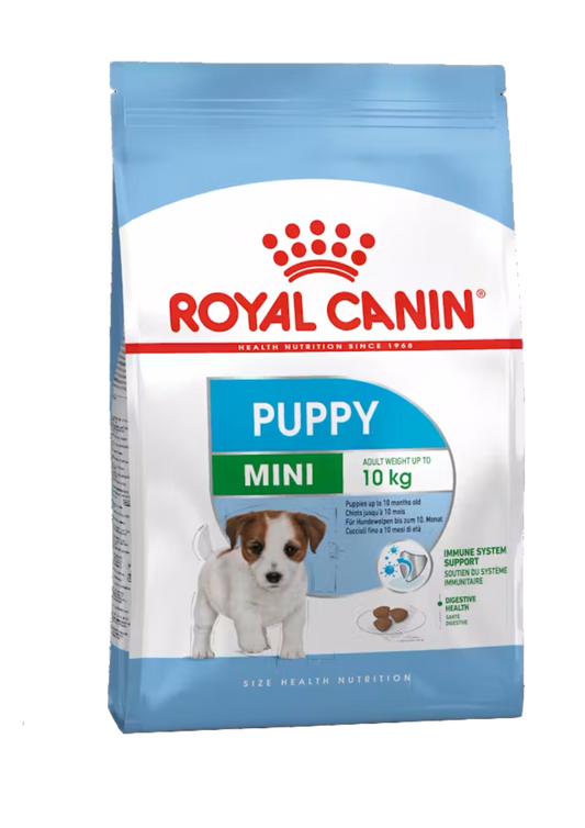 Royal Canin Mini Puppy dog food package on a white background
