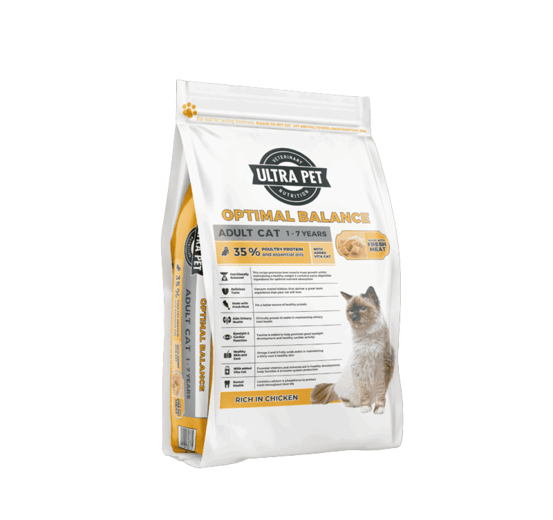 Bag of Ultra Pet Optimal Balance cat food on a white background