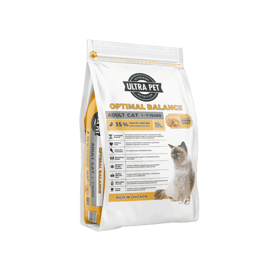 Bag of Ultra Pet Optimal Balance cat food on a white background