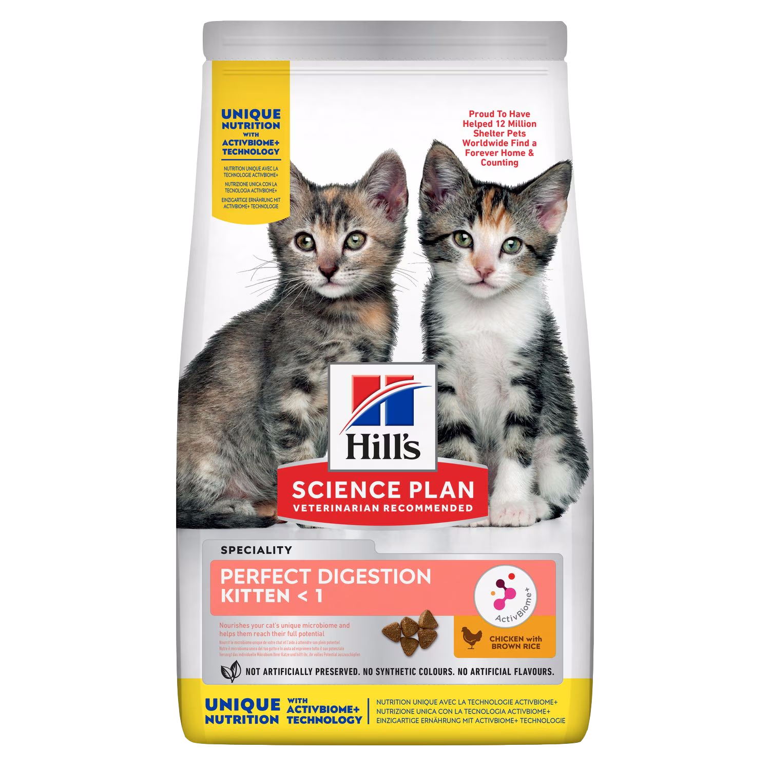 Bag of Hill's Science Plan kitten food with two kittens on a white background