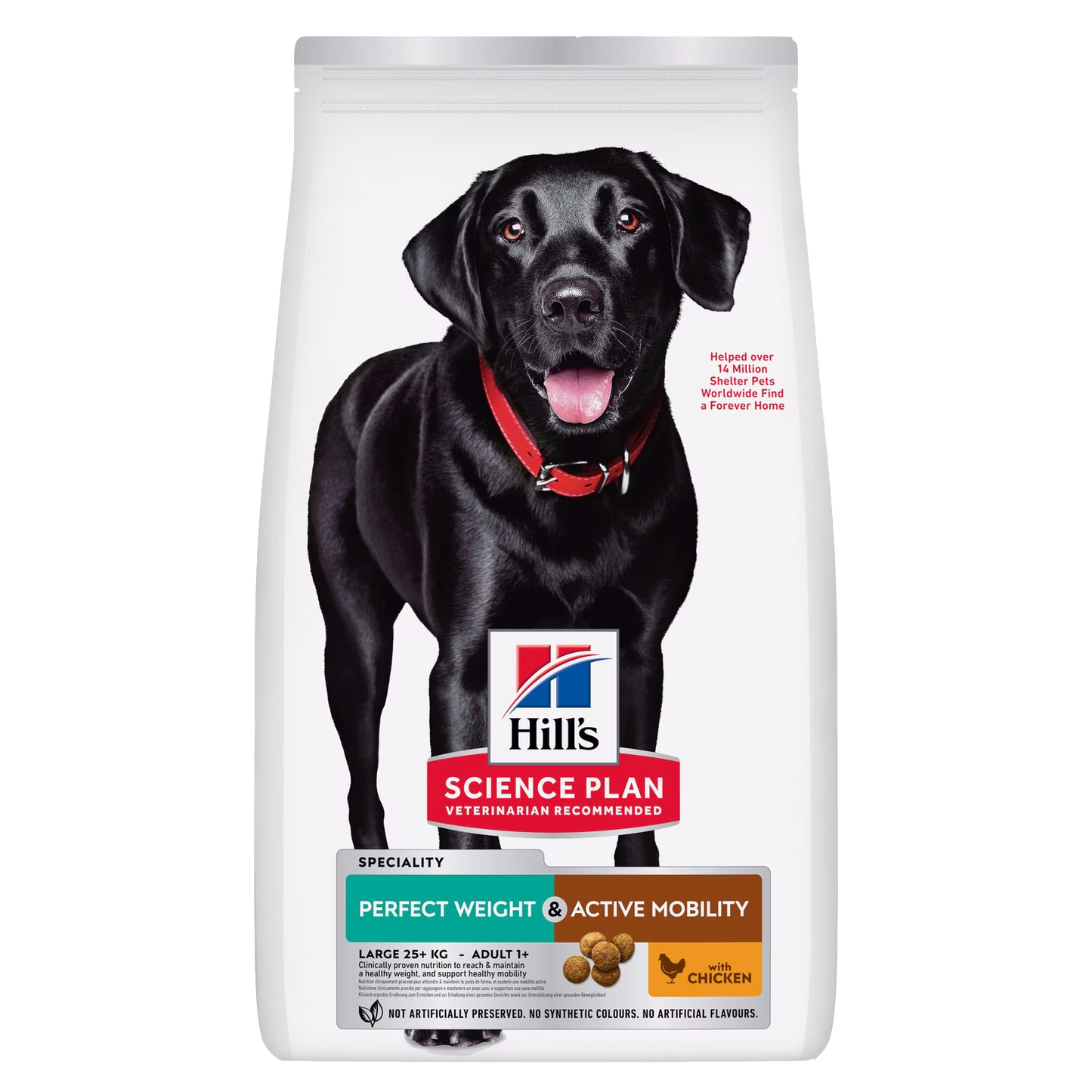 Hills Science Plan dog food package with a black dog on a white background