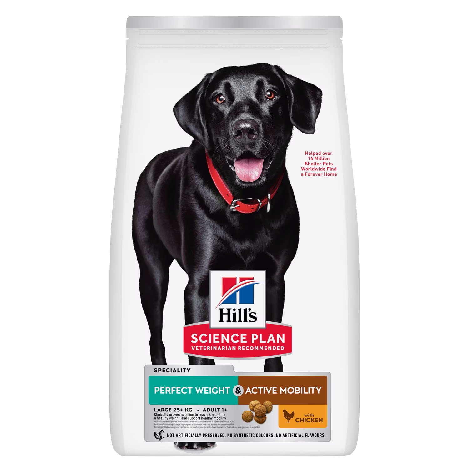 Hills Science Plan dog food package with a black dog on a white background