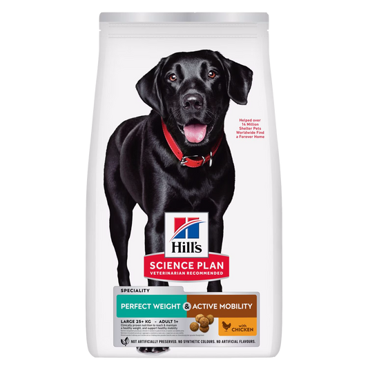 Hills Science Plan dog food package with a black dog on a white background