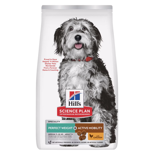 Dog food package with a dog on the front and Hills Science Plan branding.
