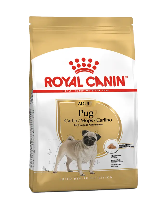 Royal Canin Pug adult dog food packaging on a white background