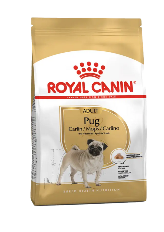Royal Canin Pug adult dog food packaging on a white background