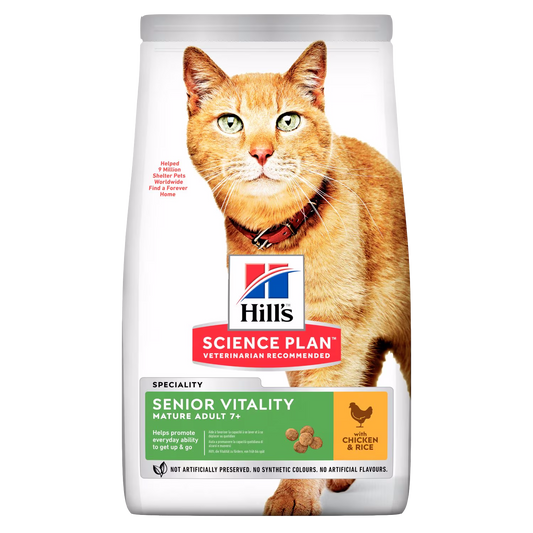 Bag of Hills Science Plan Senior Vitality cat food with a cat on the label