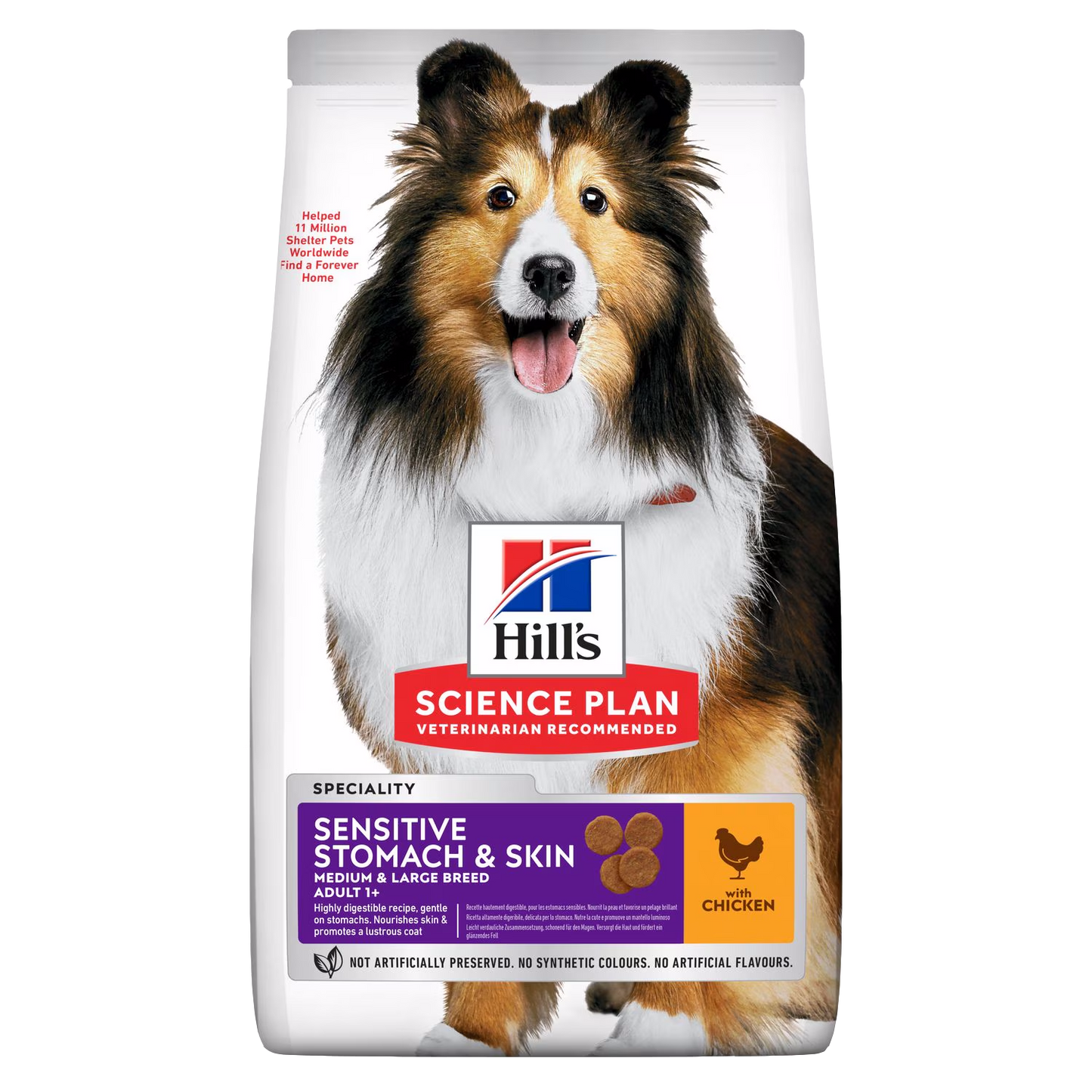 Hill's Science Plan dog food bag with a Shetland Sheepdog on a white background
