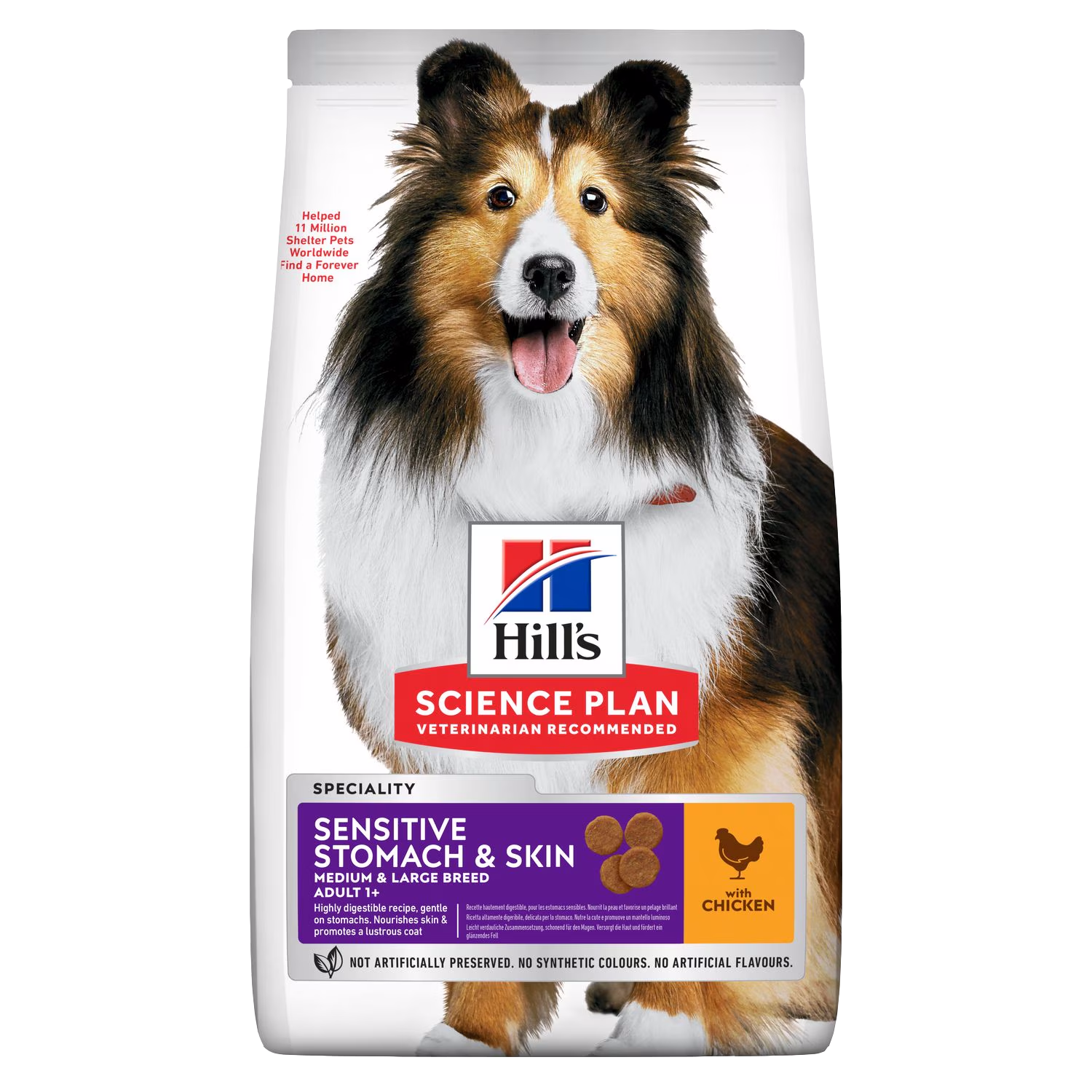 Hill's Science Plan dog food bag with a Shetland Sheepdog on a white background