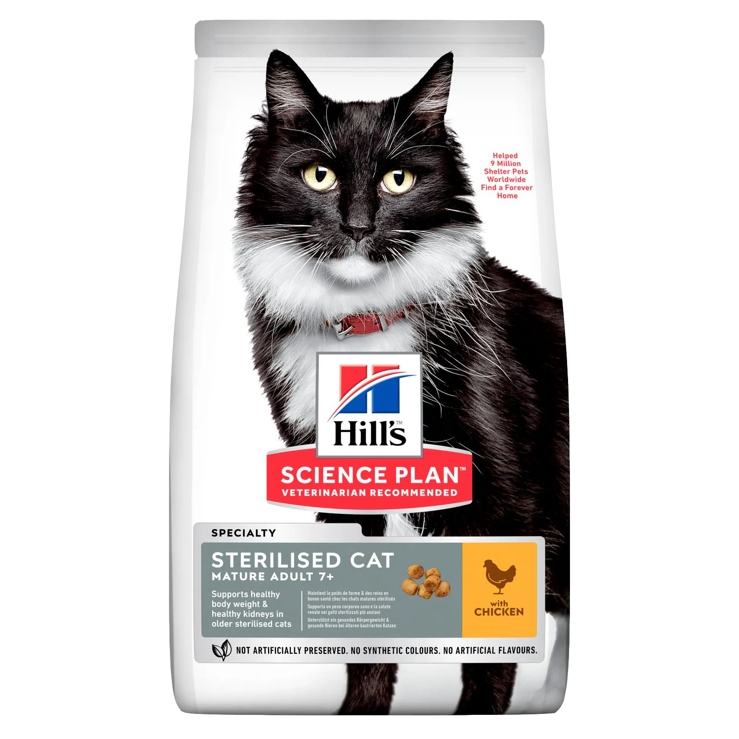 Hill's Science Plan cat food package with a black and white cat on a white background