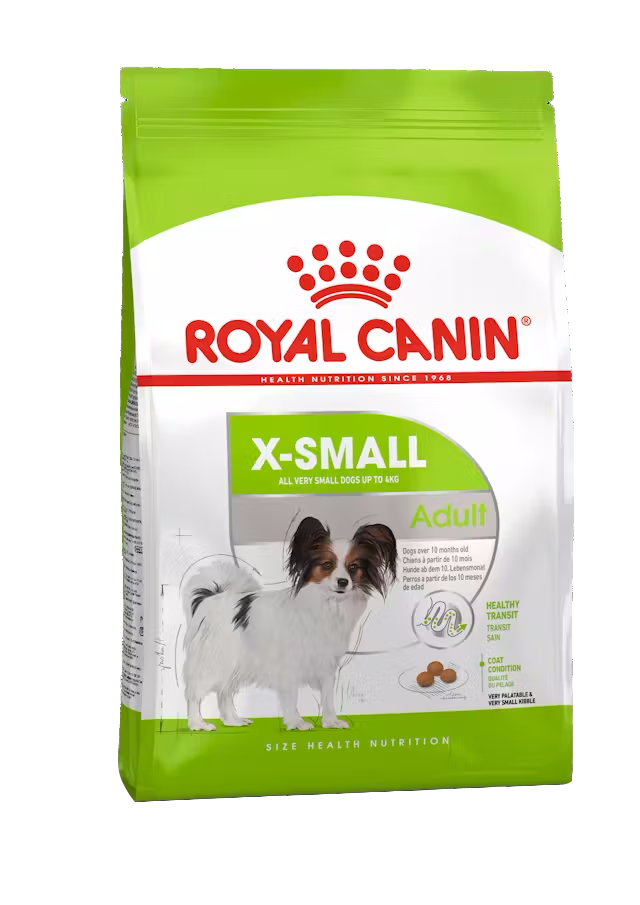Royal Canin X-Small dog food package on a white background