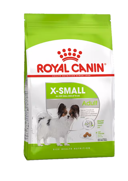 Royal Canin X-Small dog food package on a white background
